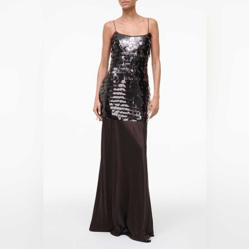 STAUD Mesa Paillette Embellished Mesh and Silk Blend Maxi Dress In Earth